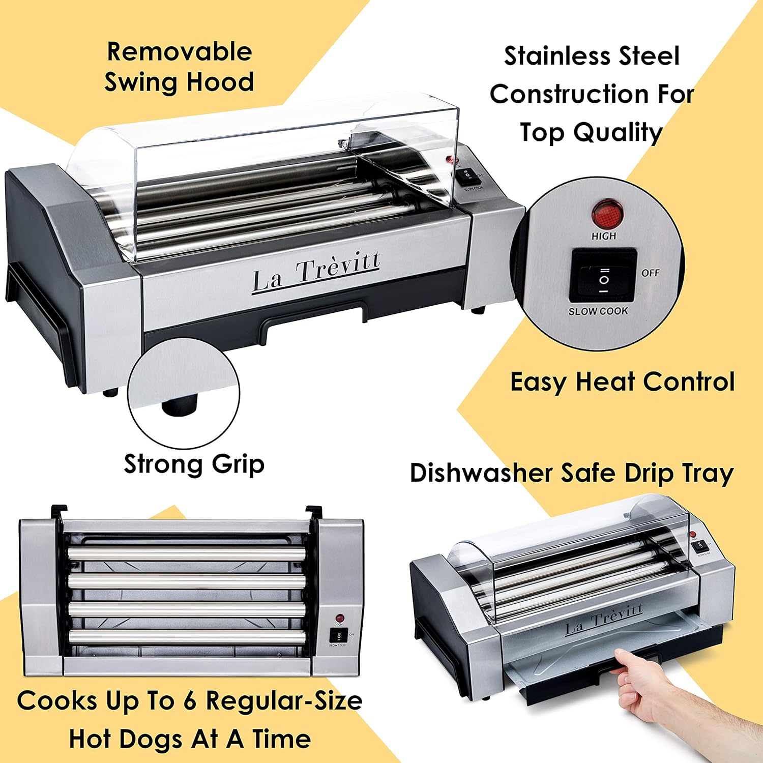 La Trevitt Hot Dog Roller- Sausage Grill Cooker Machine- 6 Hot Dog Capacity – Commercial and Household Hot Dog Machine for Family Use - Image 4