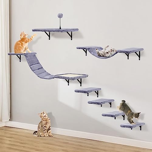 Wall-Mounted Cat Climber Set with Climbing Shelves, Perches, Bridge,Hammock,Scratching Board & Ball – 7 Pcs Wood Indoor Cat Furniture for Kittens Play (Beige) - Image 4