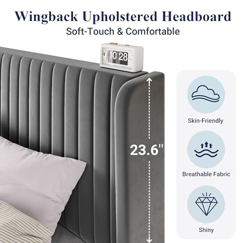 Allewie Queen Size Velvet Bed Frame/Vertical Channel Tufted Wingback Headboard/Upholstered Platform Bed/Strong Wooden Slats/No Box Spring Needed/Easy Assembly/Black - Image 35