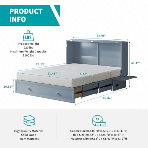 BALUS Murphy Bed Cabinet,Queen Murphy Bed with Tri-fold Mattress & USB Charging Station,Modern Wall Chest Beds with Folding Night Stand Trays and Storage Drawers for Bedroom Living Room,Grey-Blue - Image 29