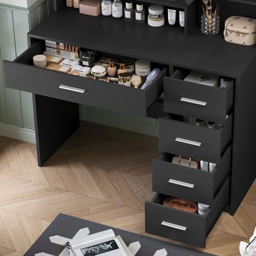 Makeup Vanity Desk with Mirror, 10 Lights, 5 Drawers, 3 Storage Shelves, 3 Color Modes & Adjustable Brightness Dressing Table, 35.4?? Desk, Black - Image 30