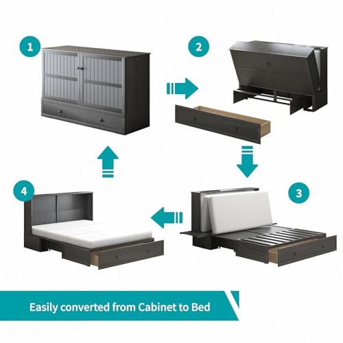 BALUS Murphy Bed Cabinet,Queen Murphy Bed with Tri-fold Mattress & USB Charging Station,Modern Wall Chest Beds with Folding Night Stand Trays and Storage Drawers for Bedroom Living Room,Grey-Blue - Image 24