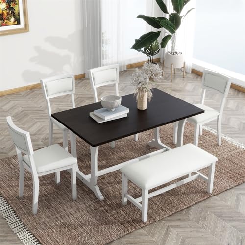 Wood Dining Table Set for 6 with 4 Upholstered Chair & 1 Bench, Mid-Century Modern Dining Room Table Set with Chairs Dinner Table Set for Dining Room, Kitchen, Natural - Image 2