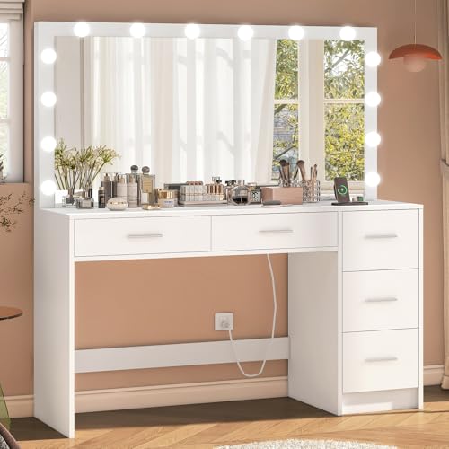 Makeup Vanity Desk with Mirror, 10 Lights, 5 Drawers, 3 Storage Shelves, 3 Color Modes & Adjustable Brightness Dressing Table, 35.4?? Desk, Black - Image 3