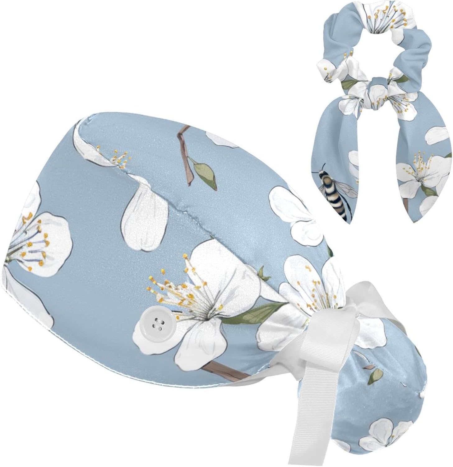 Scrub Surgical Hat,Cycling Hat with Buttons and Cotton Sweatband,Bee and Spring Blossom