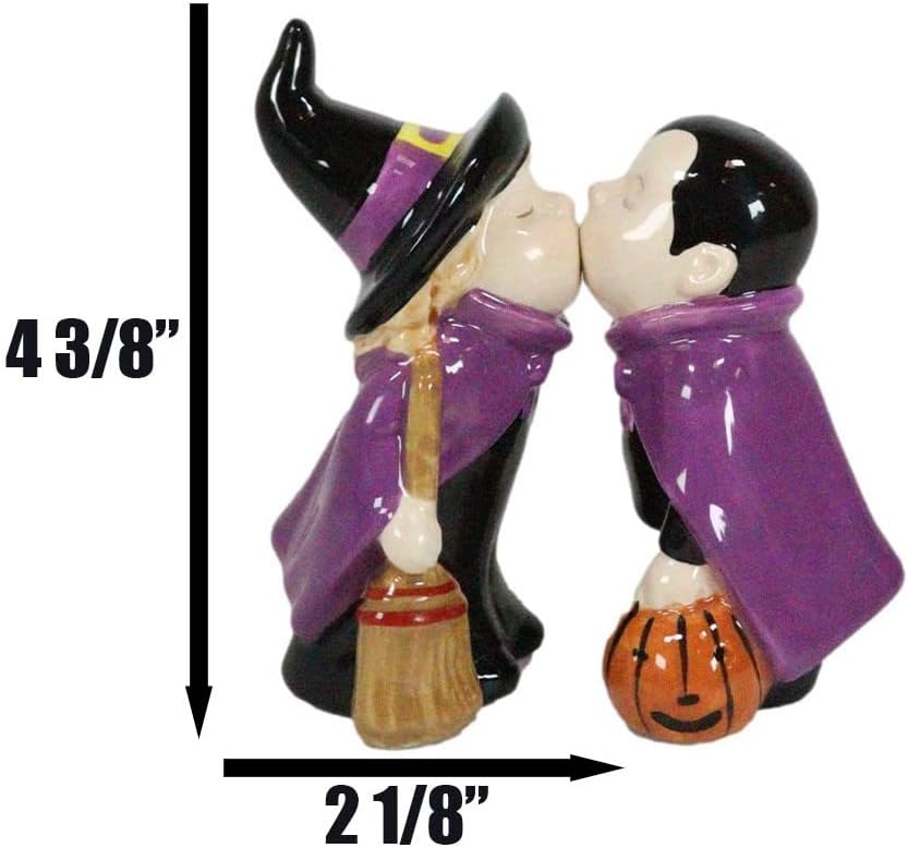 Ebros Gift Halloween Villains Vampire Dracula Kissing Witch With Broomstick Salt And Pepper Shakers Set Magnetic Ceramic Figurines With Rubber Stoppers Wicca Witchcraft Witches Themed Accents - Image 6