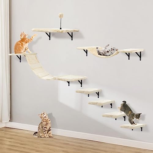 Wall-Mounted Cat Climber Set with Climbing Shelves, Perches, Bridge,Hammock,Scratching Board & Ball – 7 Pcs Wood Indoor Cat Furniture for Kittens Play (Beige) - Image 2
