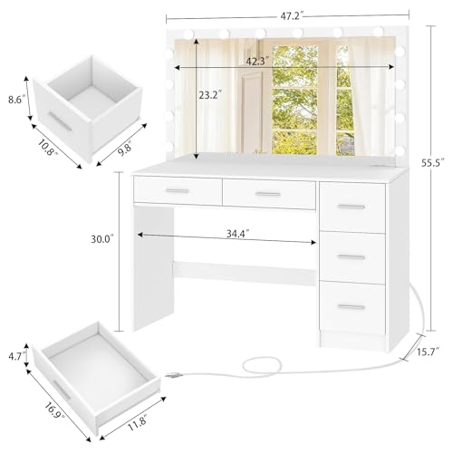 Makeup Vanity Desk with Mirror, 10 Lights, 5 Drawers, 3 Storage Shelves, 3 Color Modes & Adjustable Brightness Dressing Table, 35.4?? Desk, Black - Image 11
