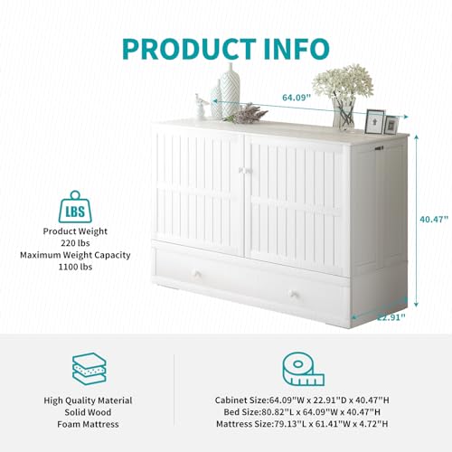BALUS Murphy Bed Cabinet,Queen Murphy Bed with Tri-fold Mattress & USB Charging Station,Modern Wall Chest Beds with Folding Night Stand Trays and Storage Drawers for Bedroom Living Room,Grey-Blue - Image 3