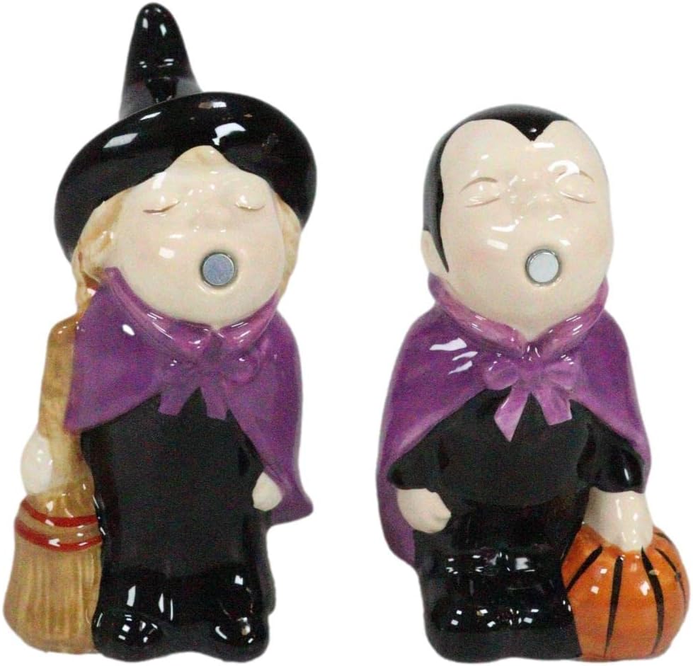Ebros Gift Halloween Villains Vampire Dracula Kissing Witch With Broomstick Salt And Pepper Shakers Set Magnetic Ceramic Figurines With Rubber Stoppers Wicca Witchcraft Witches Themed Accents - Image 4