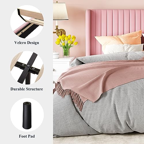 Allewie Queen Size Velvet Bed Frame/Vertical Channel Tufted Wingback Headboard/Upholstered Platform Bed/Strong Wooden Slats/No Box Spring Needed/Easy Assembly/Black - Image 45