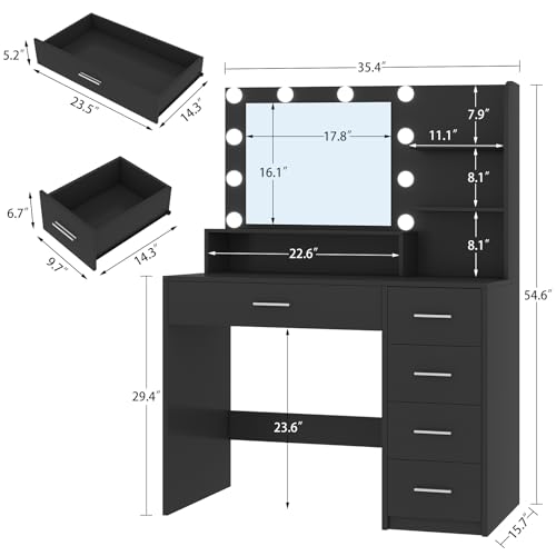 Makeup Vanity Desk with Mirror, 10 Lights, 5 Drawers, 3 Storage Shelves, 3 Color Modes & Adjustable Brightness Dressing Table, 35.4?? Desk, Black - Image 28