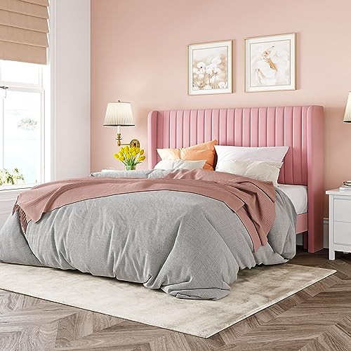 Allewie Queen Size Velvet Bed Frame/Vertical Channel Tufted Wingback Headboard/Upholstered Platform Bed/Strong Wooden Slats/No Box Spring Needed/Easy Assembly/Black - Image 16