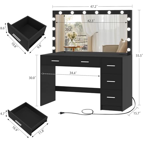 Makeup Vanity Desk with Mirror, 10 Lights, 5 Drawers, 3 Storage Shelves, 3 Color Modes & Adjustable Brightness Dressing Table, 35.4?? Desk, Black - Image 24